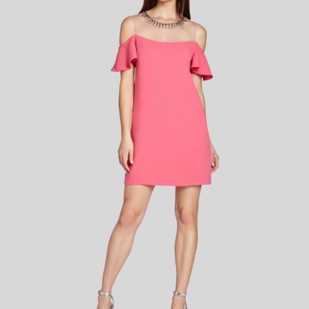 BCBGMAXAZRIA Cold Shoulder Jewel Illusion Neckline